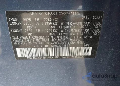 2021 Subaru Outback Limited Xt from USA, damaged, VIN 4S4BTGND4M3224537